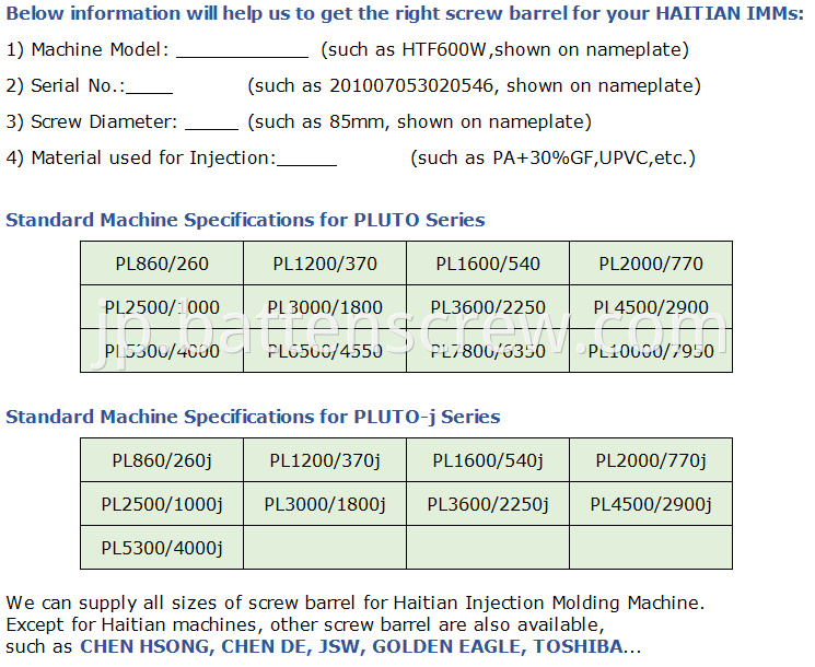 HAITIAN PLUTO3600 / 2500スクリューバレル/ PP用インジェクションスクリューバレル